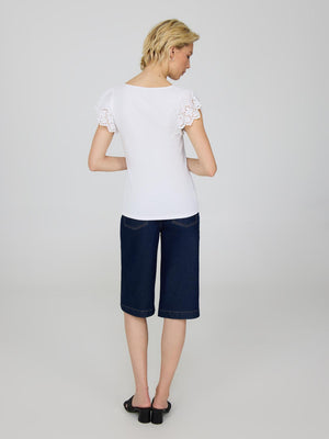 Short Eyelet Flutter Sleeve Cotton Top White