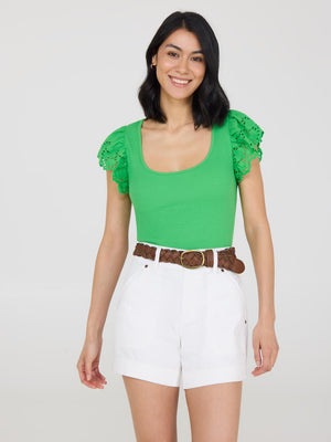 Short Eyelet Flutter Sleeve Cotton Top Green