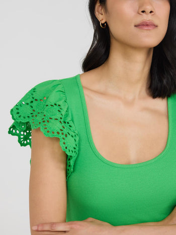 Short Eyelet Flutter Sleeve Cotton Top Green
