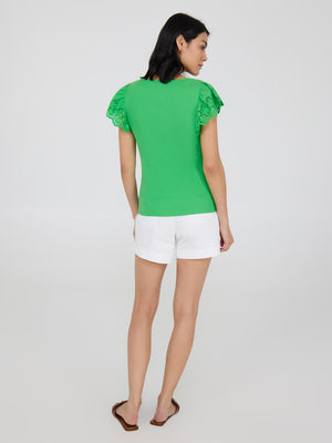 Short Eyelet Flutter Sleeve Cotton Top Green