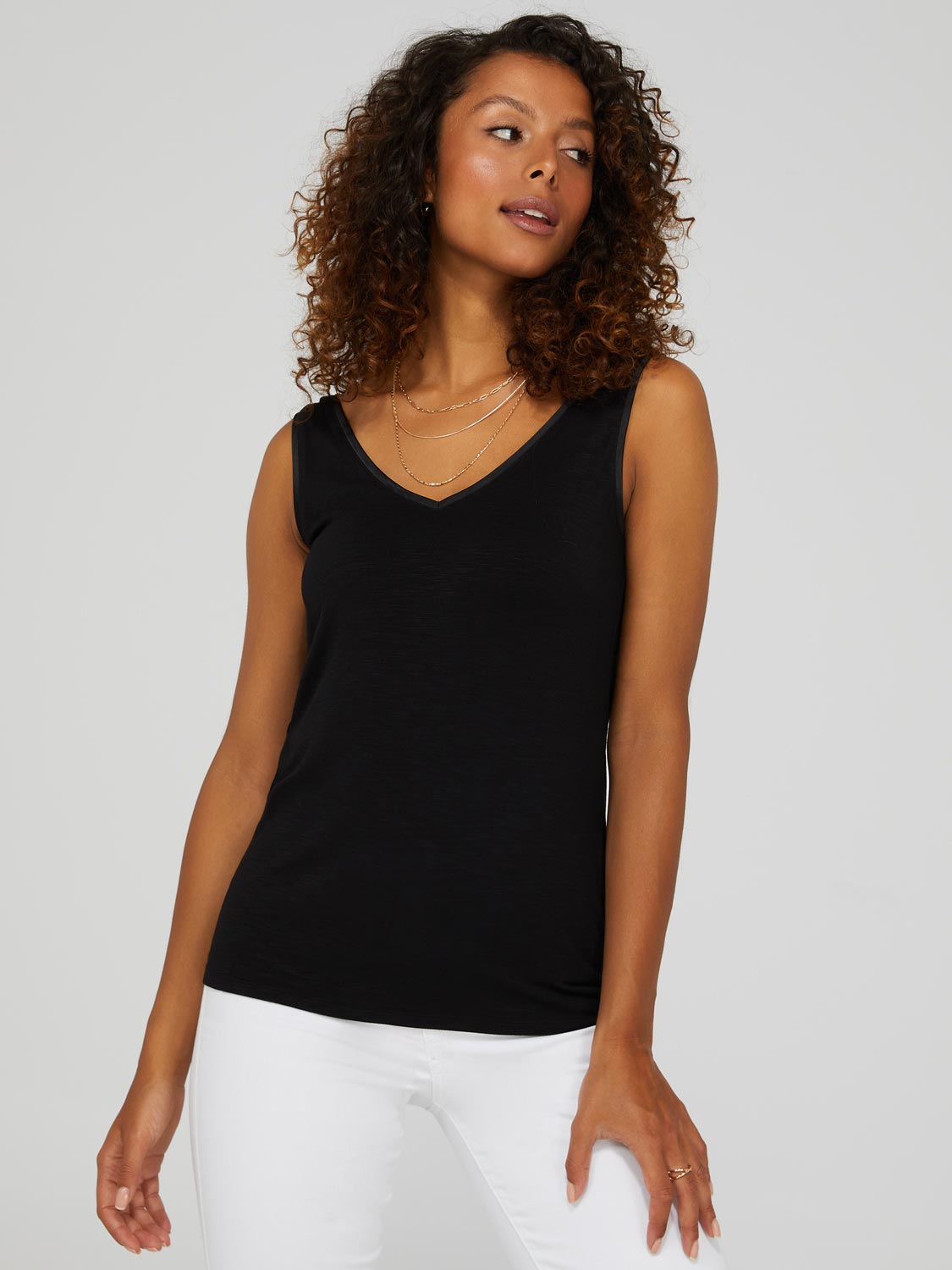 V-Neck Tank Top With Satin Detail – Suzy Shier