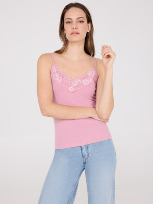 Lace Trim V-Neck Tank Top Withered Rose