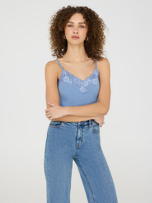 Lace Trim V-Neck Tank Top Smokey Blue