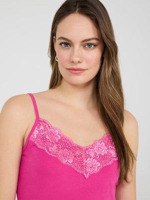 Lace Trim V-Neck Tank Top Dk Pink