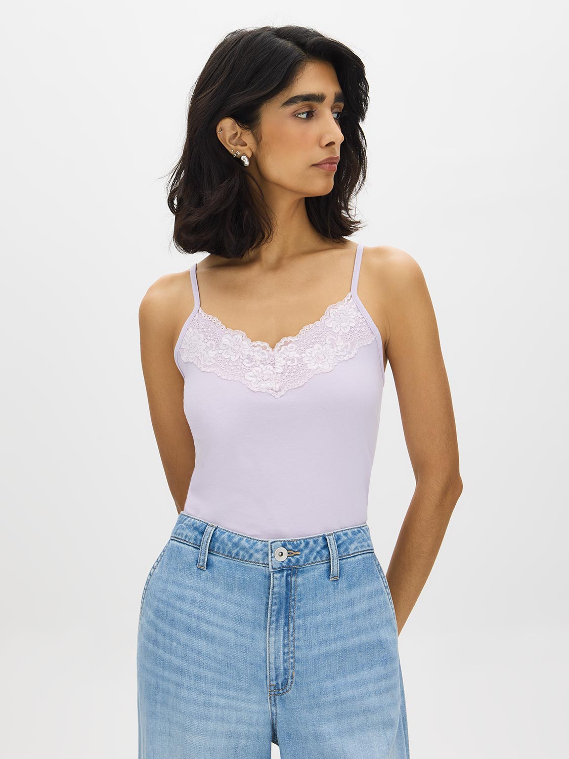Camisole en mélange de coton avec bordure en dentelle