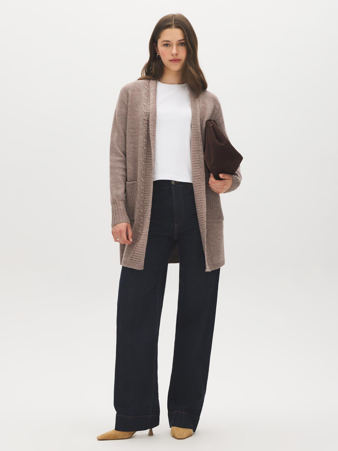 Quinoa Melange Ribbed Knit Duster Cardigan - Woman Wearing Longline Open Cardigan - Suzy Shier