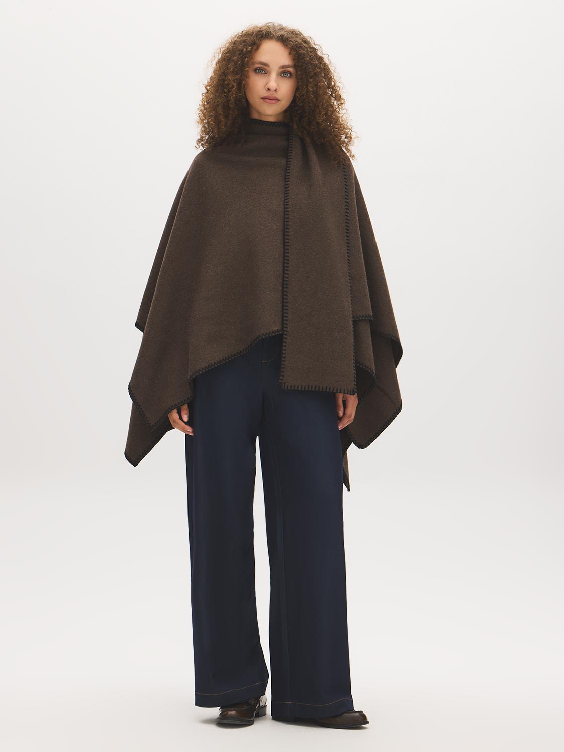 Grey Melange Woven Cape with Contrast Scarf - Front View - Suzy Shier