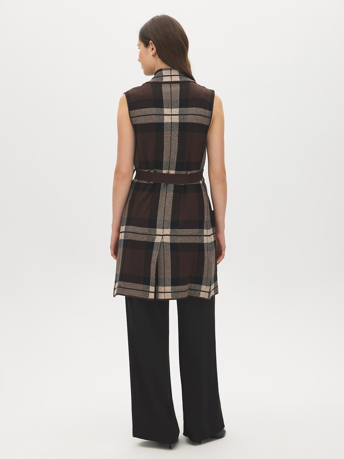 Brown/Black/Tan Jacquard Sleeveless Duster - Back View - Suzy Shier