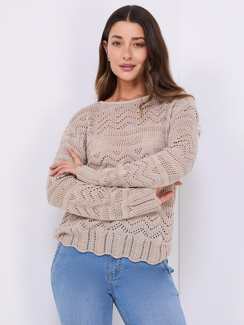 Metallic Pointelle Sweater With Scallop Edges