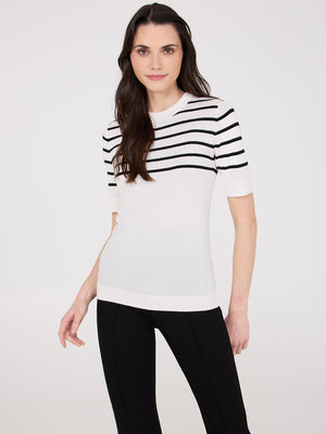 Striped Short-Sleeve Sweater Pearl