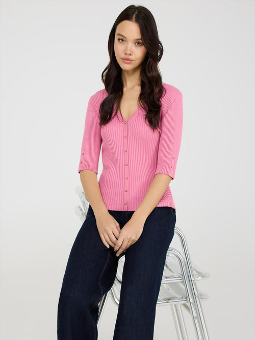 Ribbed V-Neck Button-Front Sweater