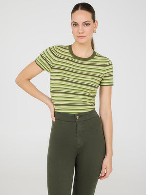 Striped Short Sleeve Sweater Dk Green