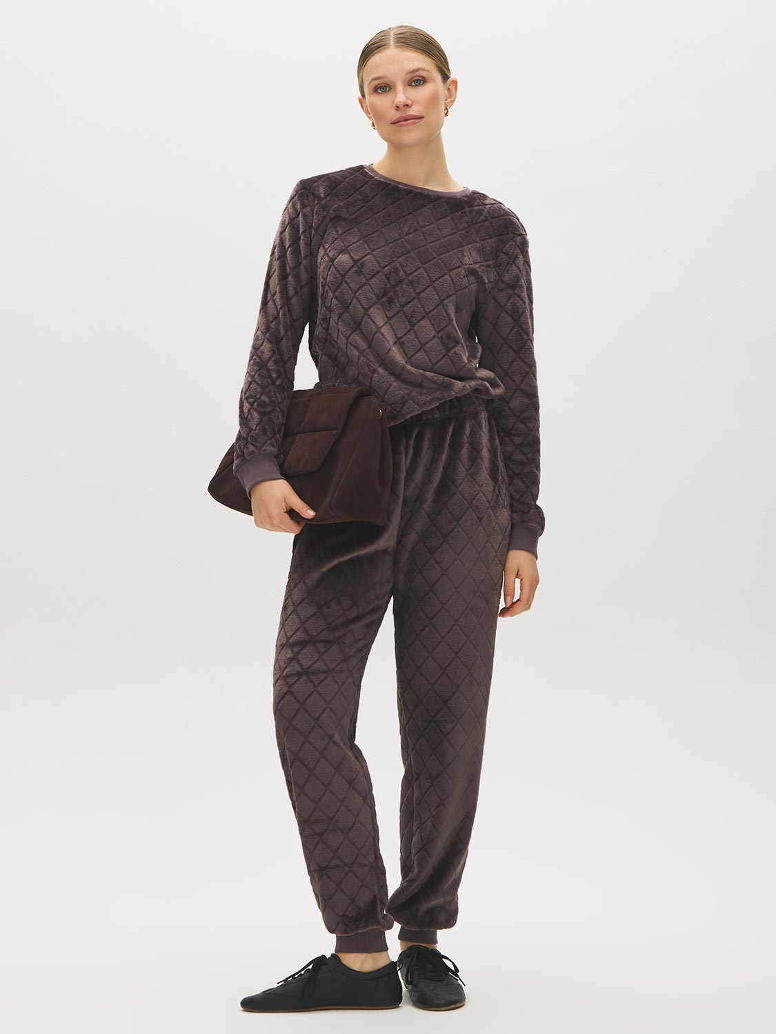 Coffee Diamond Pattern Plush PJ Set - Full Front View - Suzy Shier