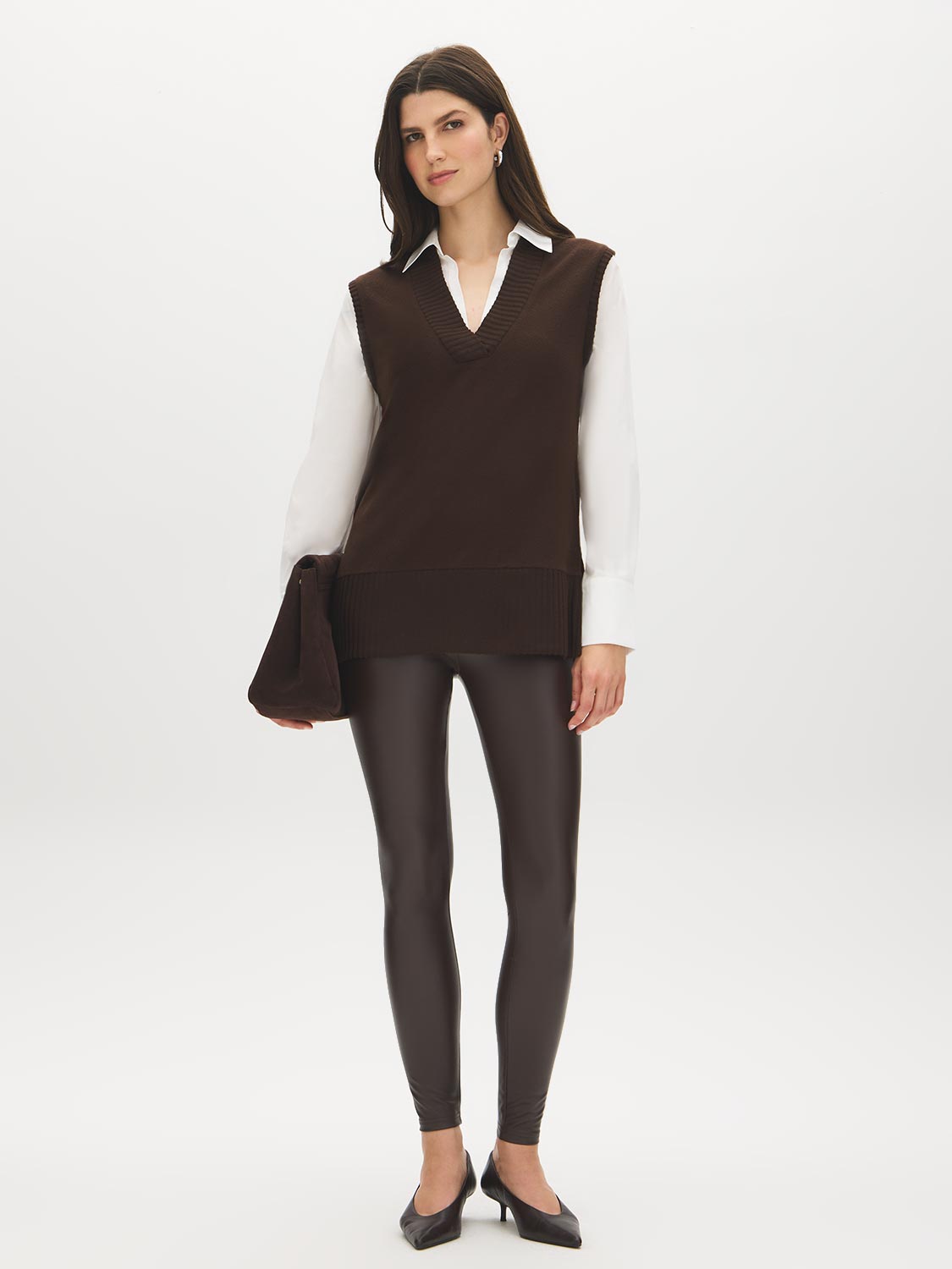 Coffee Bean Melange Hacci Knit 2fer Top with Poplin Sleeves - Front View - Suzy Shier