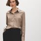 Wood Dot Print Satin-Like Blouse with Side Ruching - Woman Wearing Long Sleeve Button-Up Shirt - Suzy Shier
