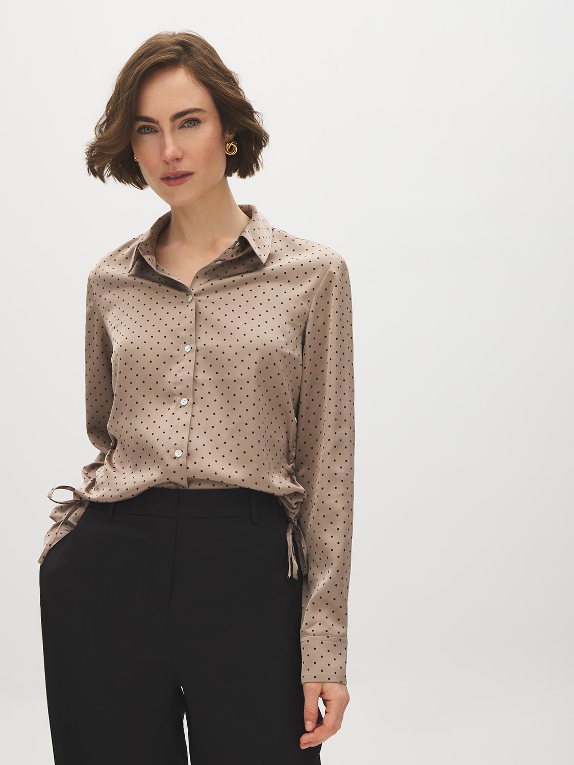 Wood Dot Print Satin-Like Blouse with Side Ruching - Woman Wearing Long Sleeve Button-Up Shirt - Suzy Shier