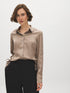 Wood Dot Print Satin-Like Blouse with Side Ruching - Woman Wearing Long Sleeve Button-Up Shirt - Suzy Shier