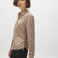 Wood Dot Print Satin-Like Blouse with Side Ruching - Woman Wearing Long Sleeve Button-Up Shirt - Suzy Shier
