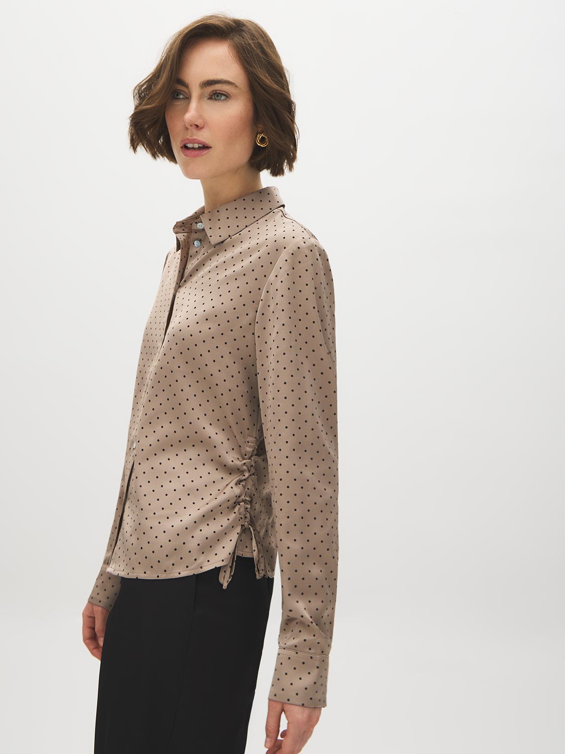 Wood Dot Print Satin-Like Blouse with Side Ruching - Woman Wearing Long Sleeve Button-Up Shirt - Suzy Shier