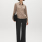 Wood Dot Print Satin-Like Blouse with Side Ruching - Woman Wearing Long Sleeve Button-Up Shirt - Suzy Shier