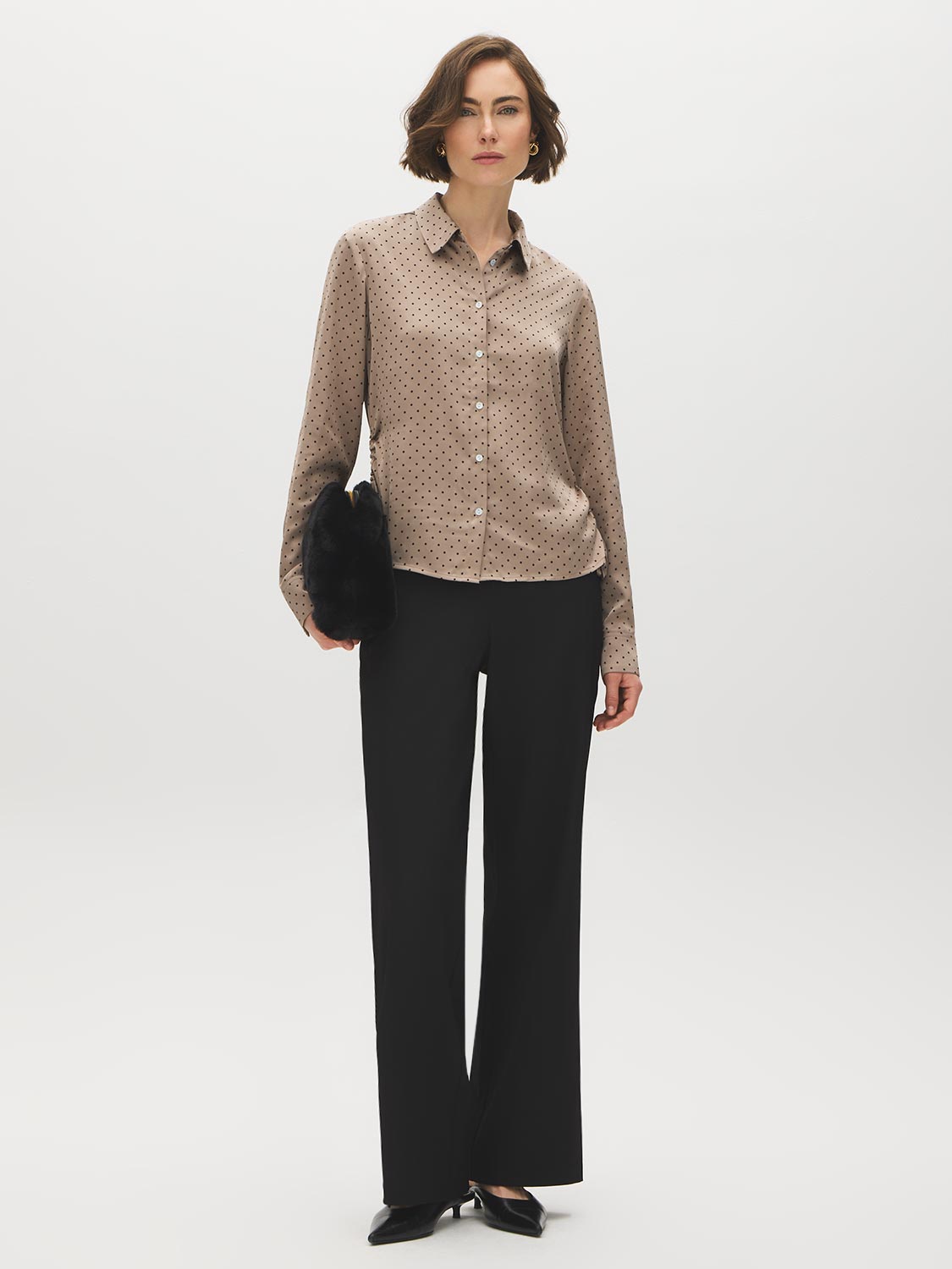Wood Dot Print Satin-Like Blouse with Side Ruching - Woman Wearing Long Sleeve Button-Up Shirt - Suzy Shier