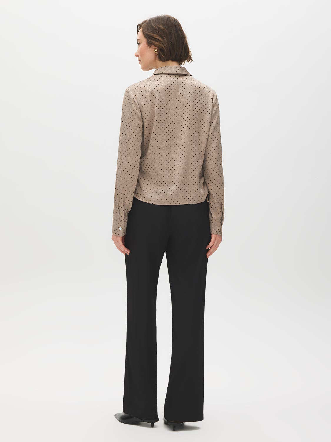 Wood Dot Print Satin-Like Blouse with Side Ruching - Woman Wearing Long Sleeve Button-Up Shirt - Suzy Shier