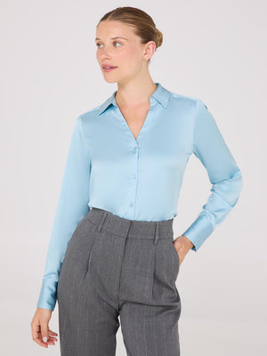 Notch Collar Button-Front Satin Blouse Turquoise