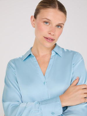 Notch Collar Button-Front Satin Blouse Turquoise