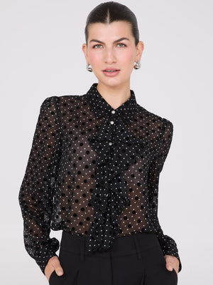 Dot Print Ruffle Button-Front Blouse Black