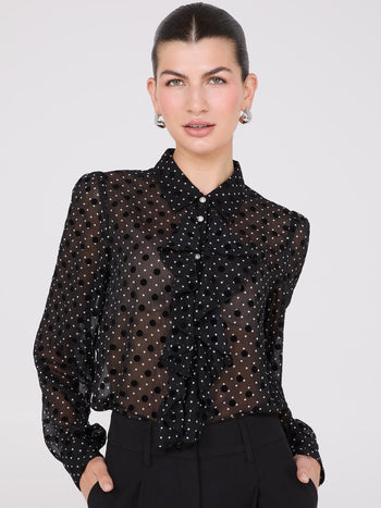 Dot Print Ruffle Button-Front Blouse Black