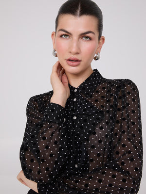 Dot Print Ruffle Button-Front Blouse Black