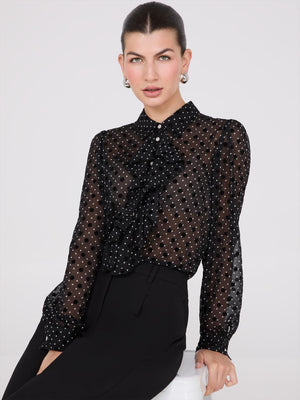 Dot Print Ruffle Button-Front Blouse Black