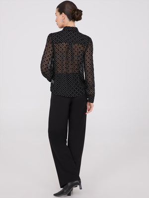 Dot Print Ruffle Button-Front Blouse Black