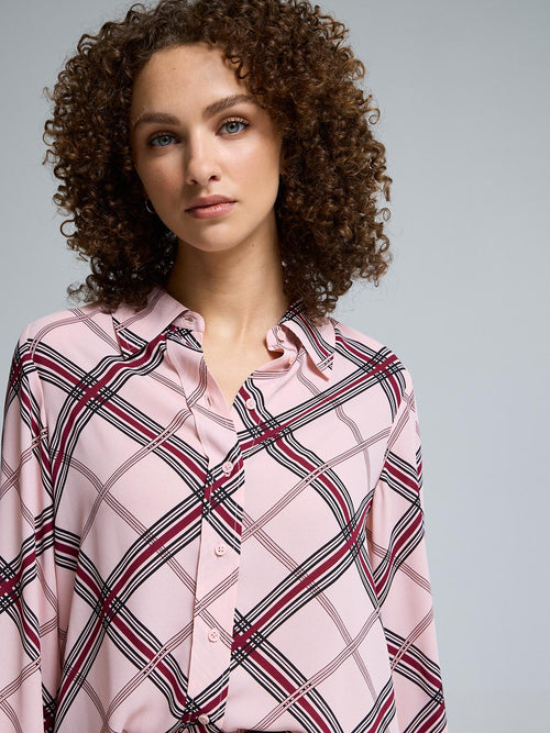 Plaid Button-Front Chiffon Blouse