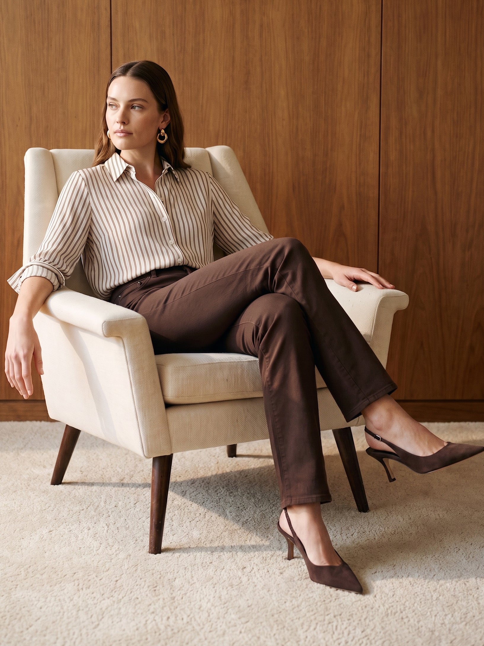 Winter White and Bison Stripe Twill Oversized Blouse - Woman Wearing Relaxed Fit Shirt - Suzy Shier