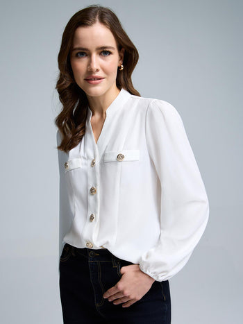 Split Neck Button-Front Blouse Pearl