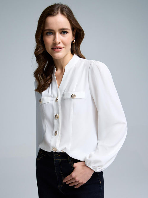 Split Neck Button-Front Blouse