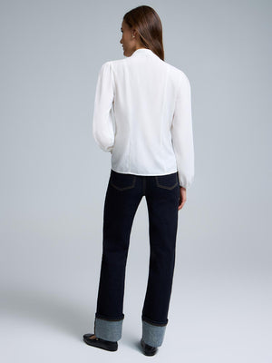 Split Neck Button-Front Blouse Pearl