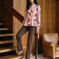 Dusty Pink Multi Chiffon Peplum Blouse - Woman Wearing Floral Print Blouse with Shirred Waist - Suzy Shier