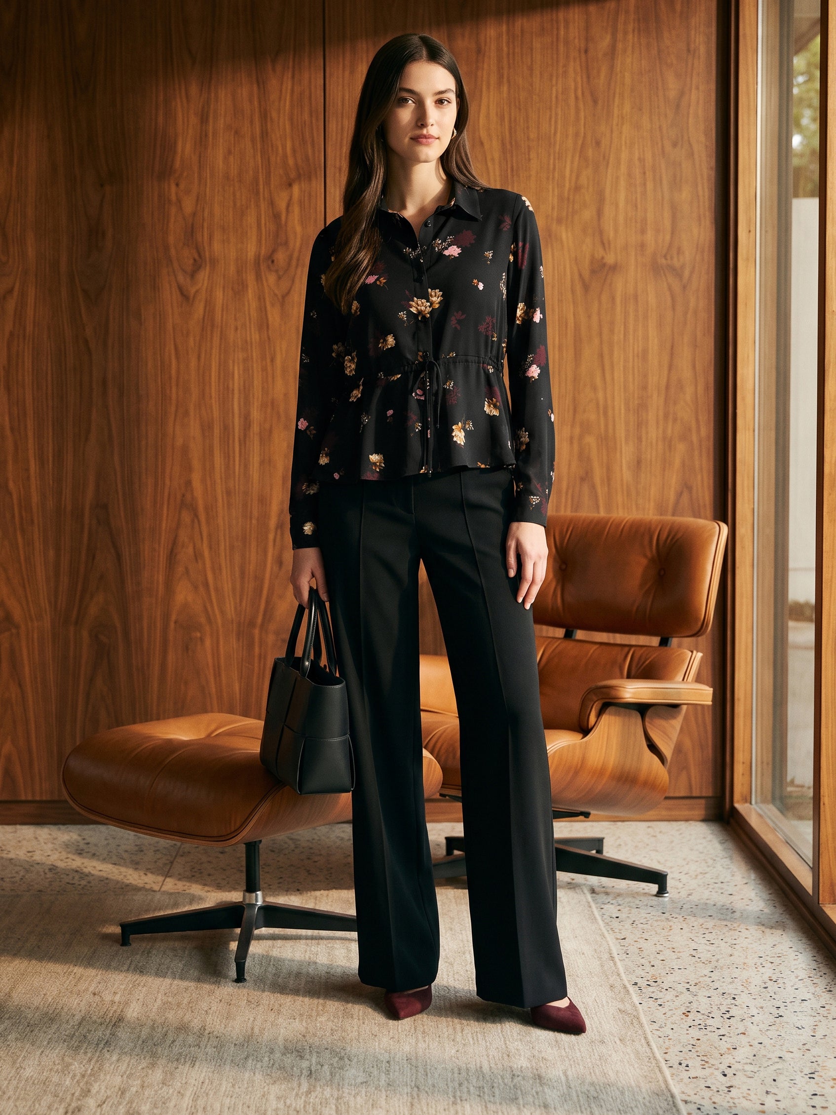 Black Floral Printed Peplum Blouse with Drawstring Waist - Woman Wearing Button Front Top - Suzy Shier