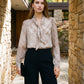 Ashes of Roses Printed Blouse with Neck Tie - Woman Wearing V-Neck Patterned Top - Suzy Shier