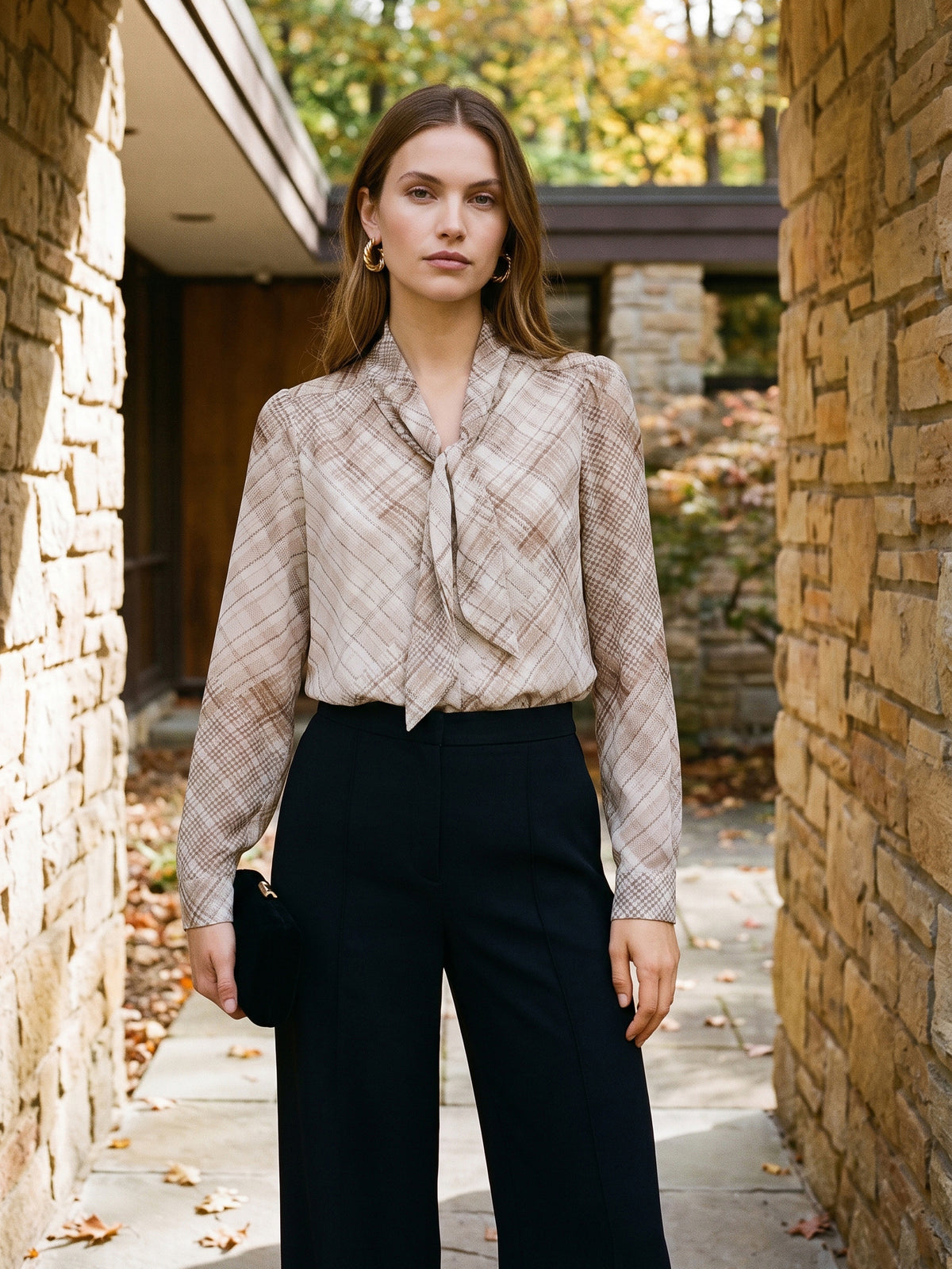 Ashes of Roses Printed Blouse with Neck Tie - Woman Wearing V-Neck Patterned Top - Suzy Shier