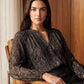 Meteorite Multi Printed Pintuck Blouse - Woman Wearing Long Sleeve Button-Front Top - Suzy Shier