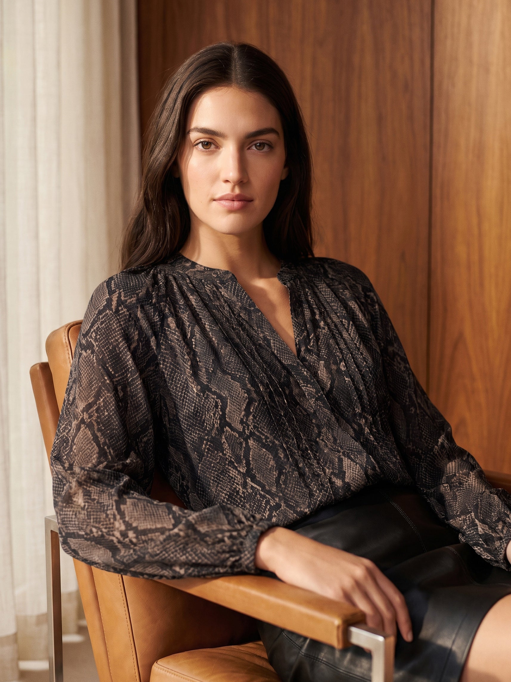 Meteorite Multi Printed Pintuck Blouse - Woman Wearing Long Sleeve Button-Front Top - Suzy Shier