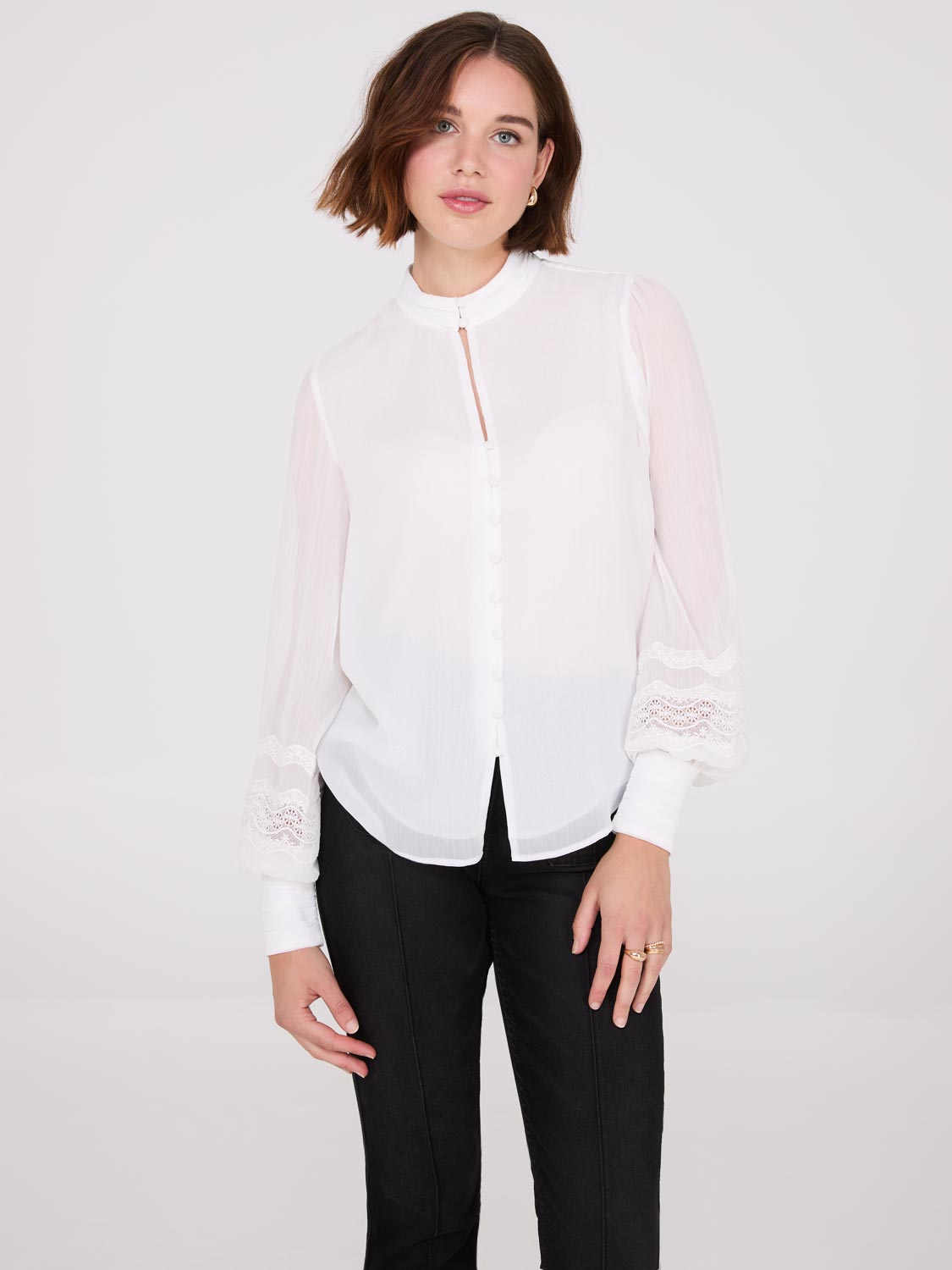 Mandarin Collar Blouse - Lace Sleeve | Suzy Shier