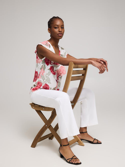 Sleeveless Floral Ruffle Button-Front Blouse