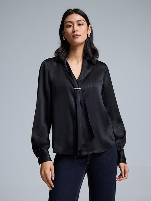 Collar Tie Button-Front Blouse