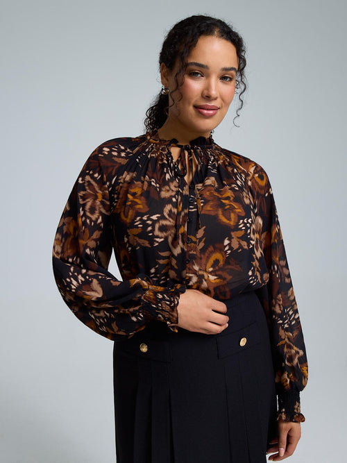 Floral Smocked Neck Chiffon Blouse