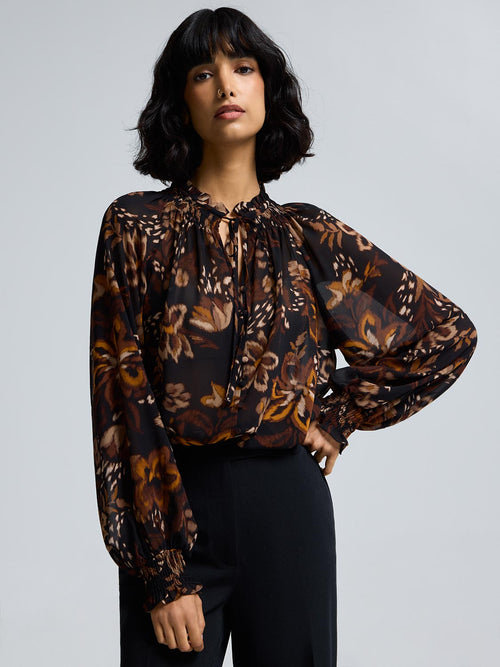 Floral Smocked Neck Chiffon Blouse