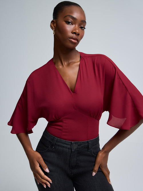 Embellished V-Neck Dolman Sleeve Chiffon Top